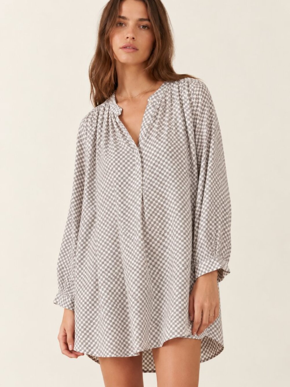 THE GREAT. Checkered Cotton Tunic Dress Oversized Ivory Gray Size 2 (Medium)